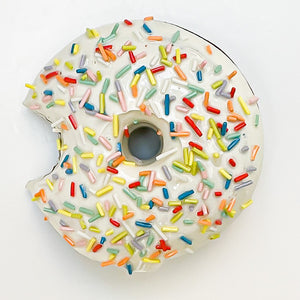 1899 Vanilla Rainbow Sprinkle Ceramic Donut with bite